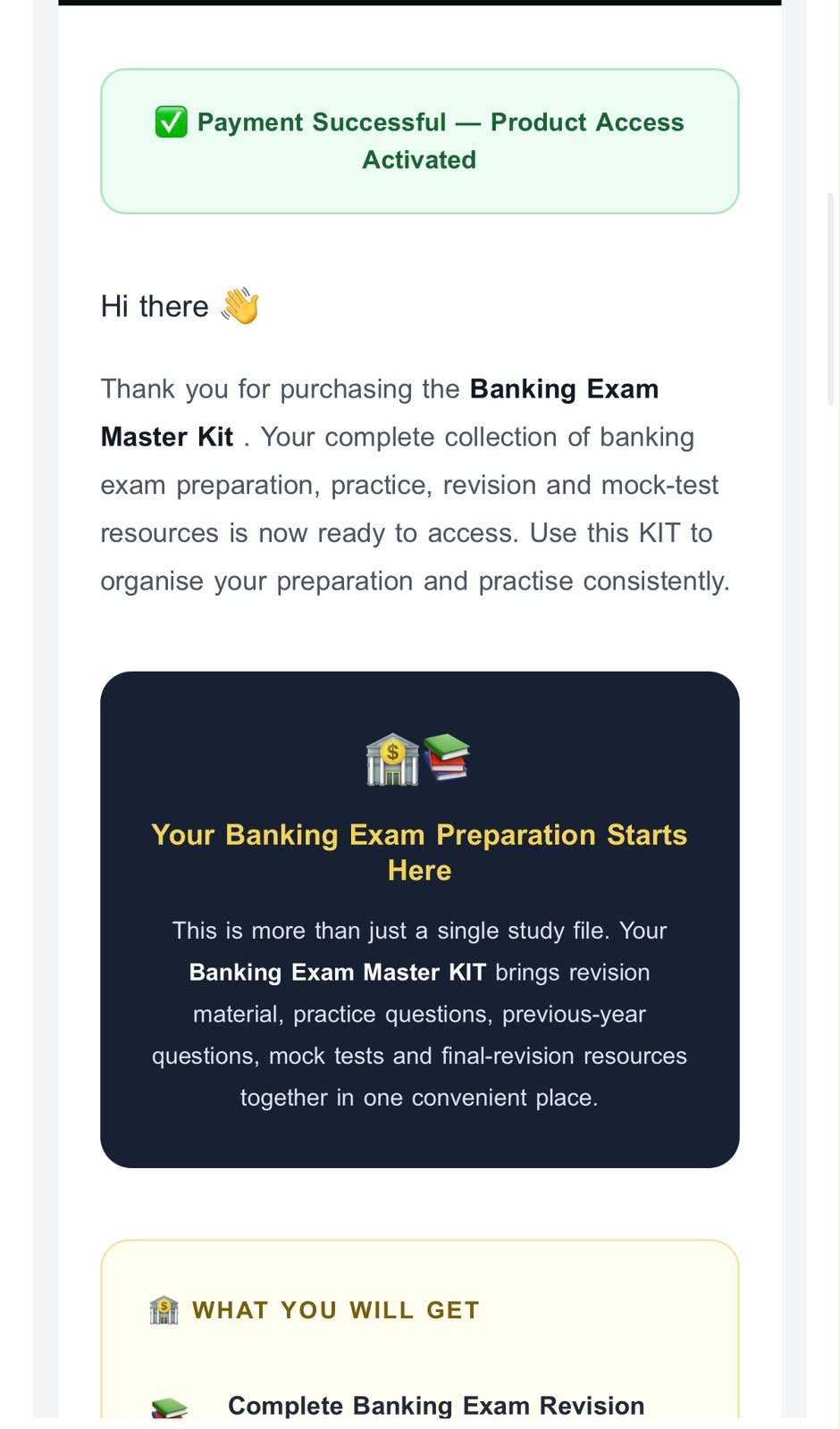 Banking Exam Master Kit delivery email — part 2