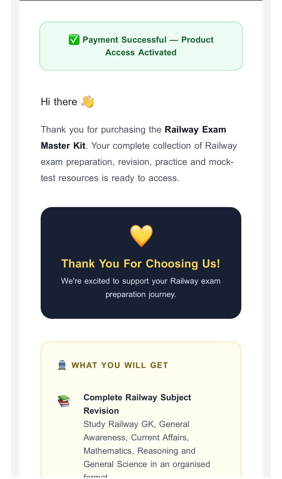 Railway Exam Master Kit delivery email — part 2