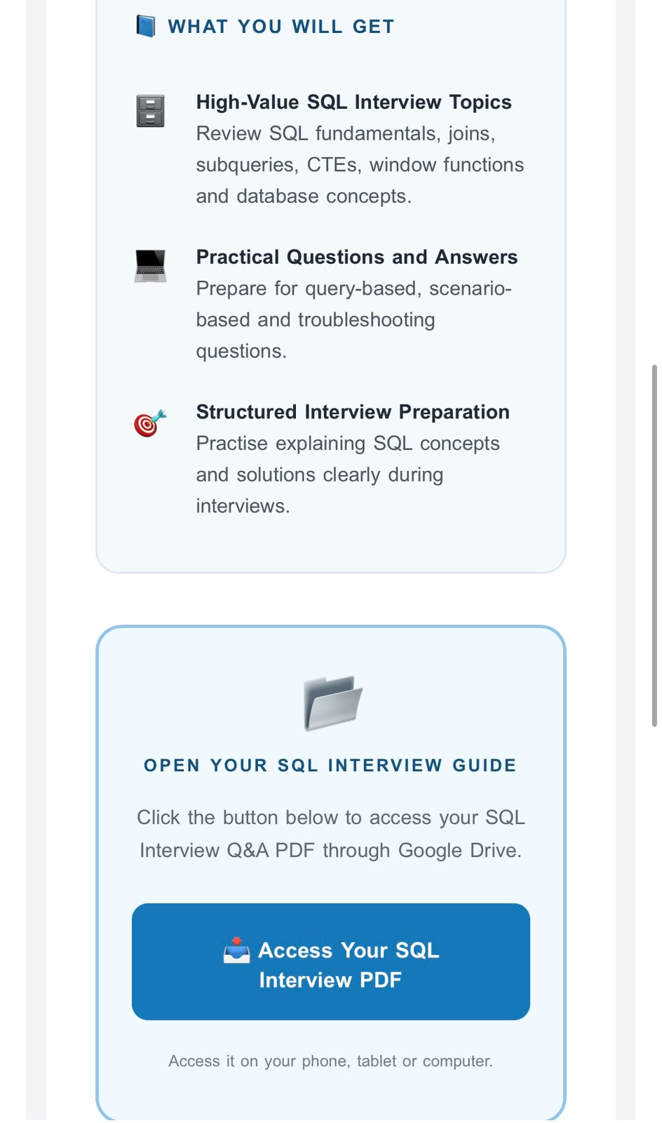 SQL Interview Guide delivery email — part 2