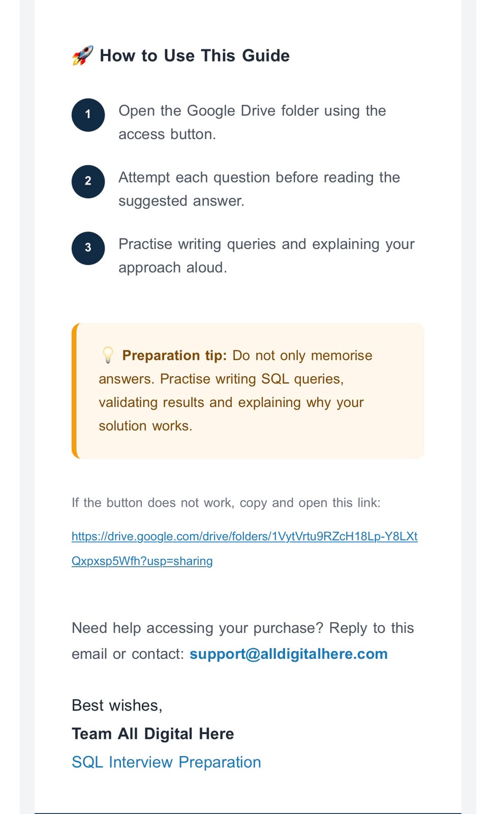 SQL Interview Guide delivery email — part 3
