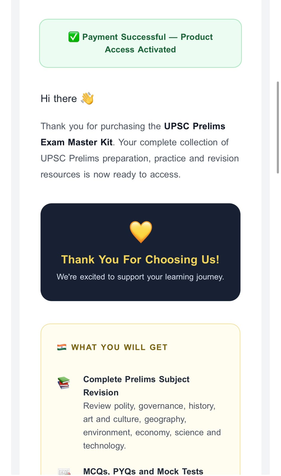 UPSC Prelims Exam Master Kit delivery email — part 2