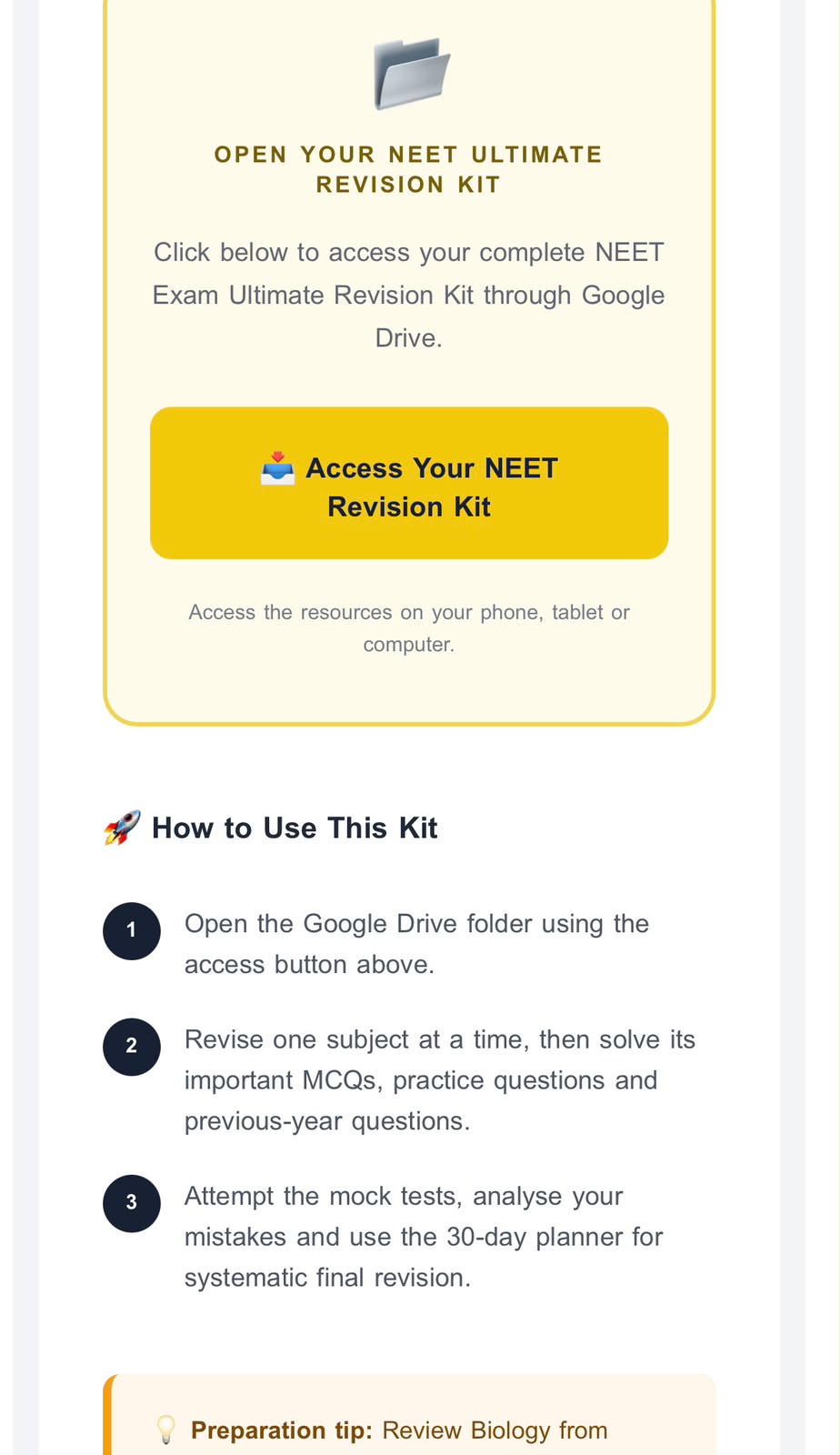 NEET Exam Ultimate Revision Kit delivery email — part 3